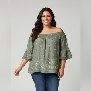 Maurices women’s  size 2X 3/4 bell sleeve off shoulder green floral printed top
